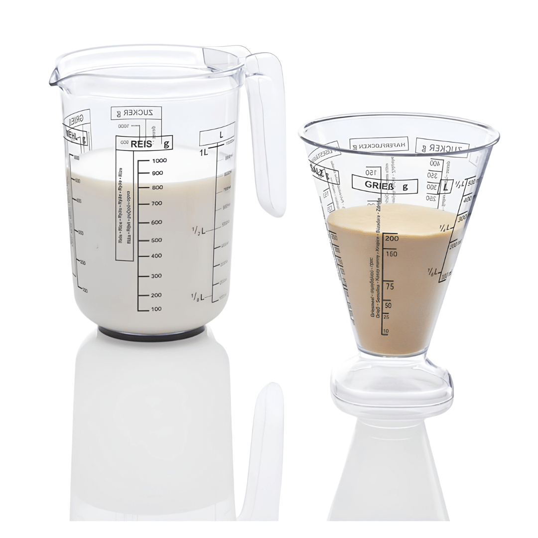 ERNESTO 2-piece clear plastic measuring jug set containing a 1-liter jug with handle and a 500ml nesting cup, available for delivery in Beirut, Lebanon.