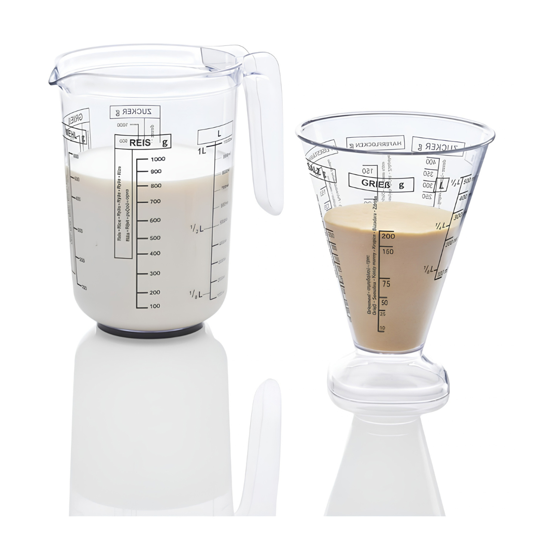 ERNESTO 2-piece clear plastic measuring jug set containing a 1-liter jug with handle and a 500ml nesting cup, available for delivery in Beirut, Lebanon.