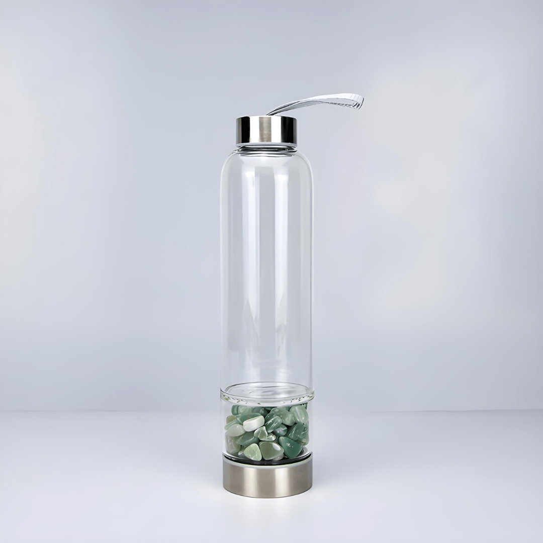 Crystal elixir glass water bottle with stainless steel lid and black protective neoprene case – 550ml