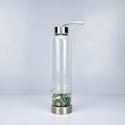 Crystal elixir glass water bottle with stainless steel lid and black protective neoprene case – 550ml