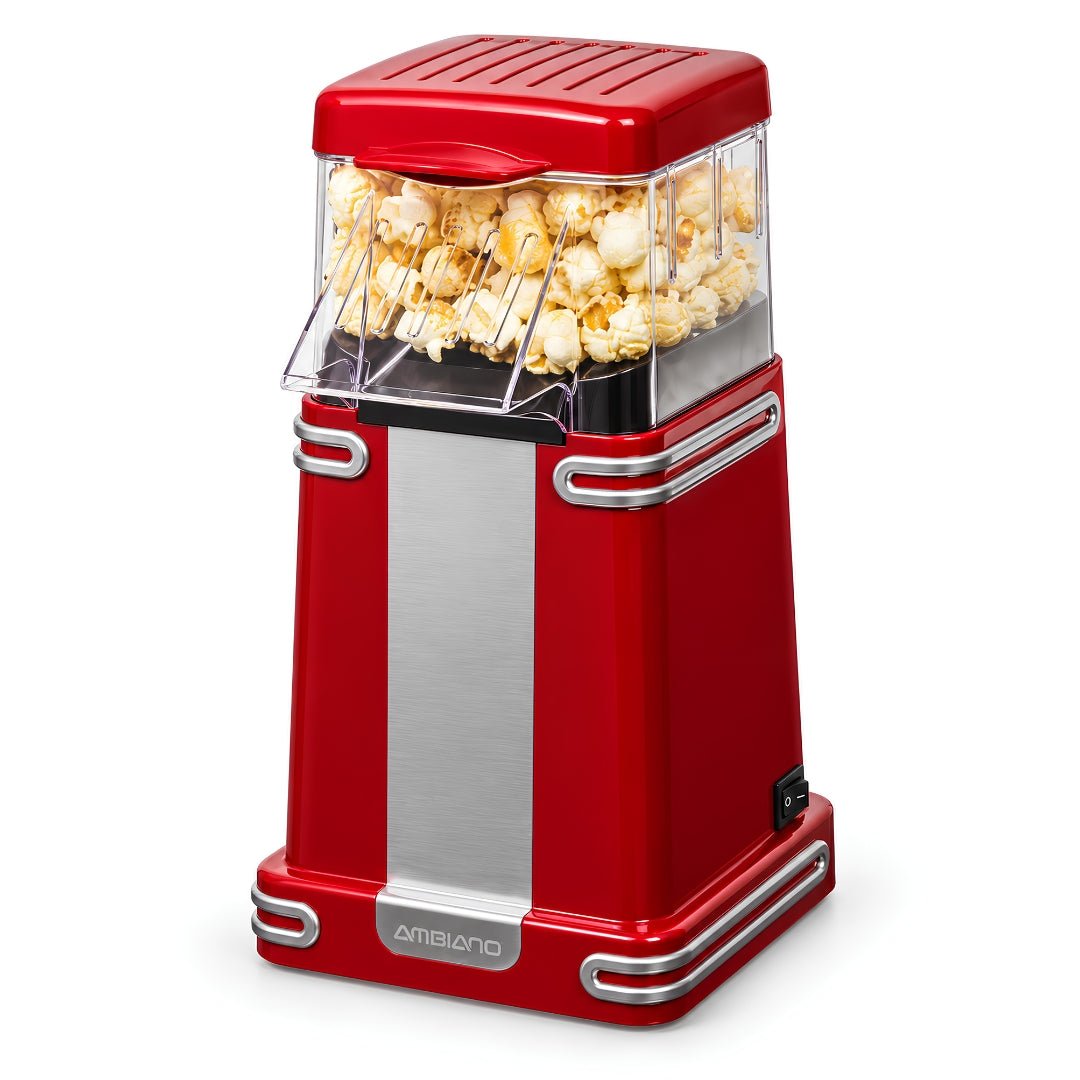 AMBIANO Retro hot air popcorn maker in red with silver accents and a clear popcorn chamber