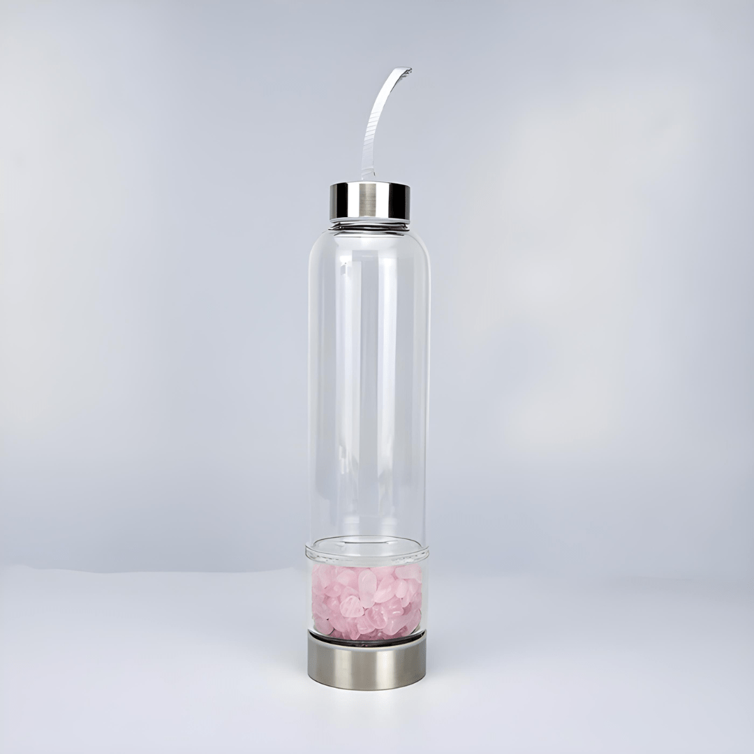 Crystal elixir glass water bottle with stainless steel lid and black protective neoprene case – 550ml