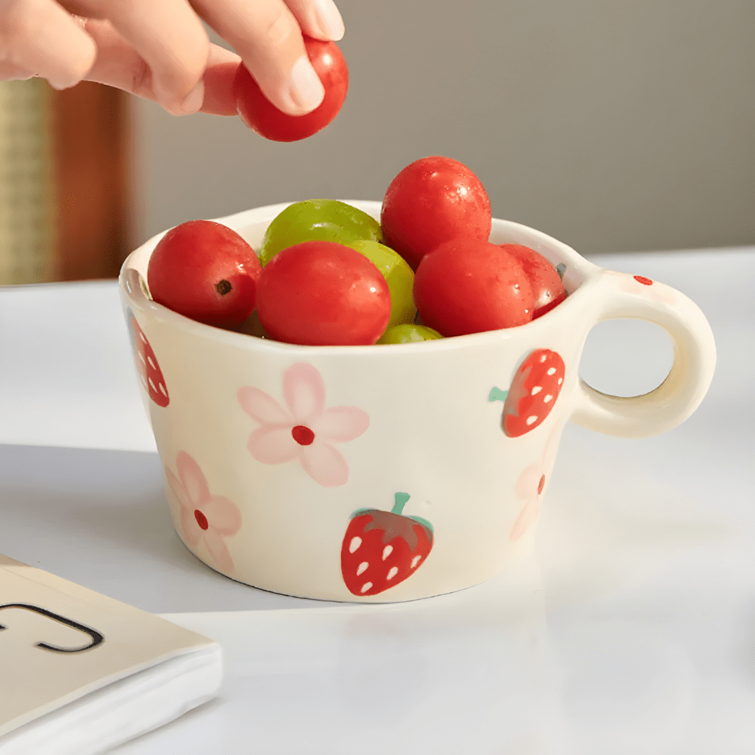 Hand-painted 280ml cartoon ceramic mugs in lemon, strawberry, and floral designs – fun and colorful tableware