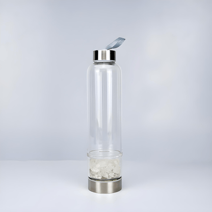 Crystal elixir glass water bottle with stainless steel lid and black protective neoprene case – 550ml