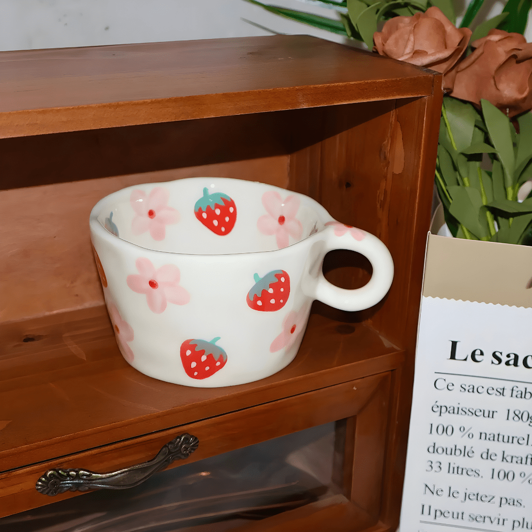 Hand-painted 280ml cartoon ceramic mugs in lemon, strawberry, and floral designs – fun and colorful tableware