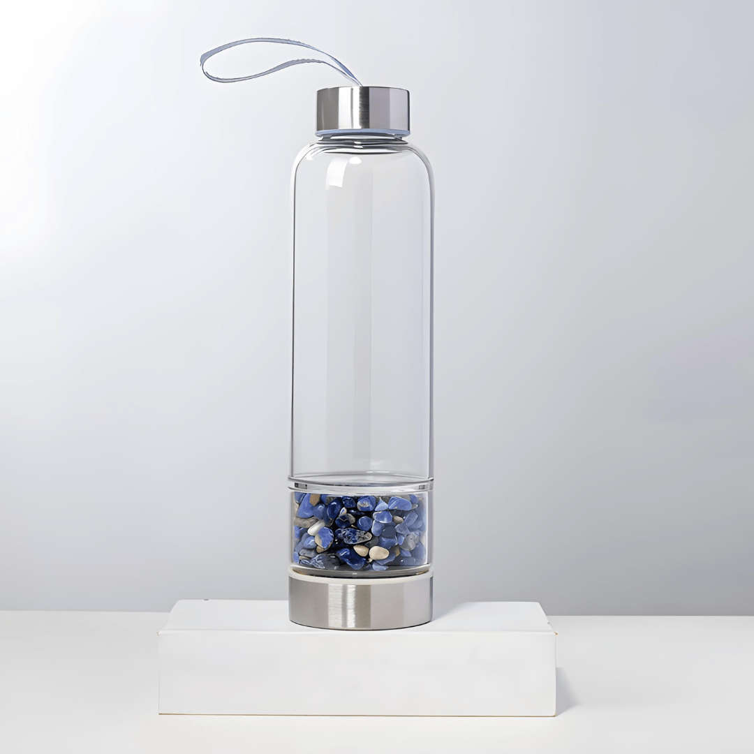 Crystal elixir glass water bottle with stainless steel lid and black protective neoprene case – 550ml