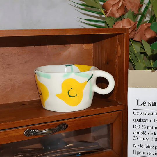 Hand-painted 280ml cartoon ceramic mugs in lemon, strawberry, and floral designs – fun and colorful tableware