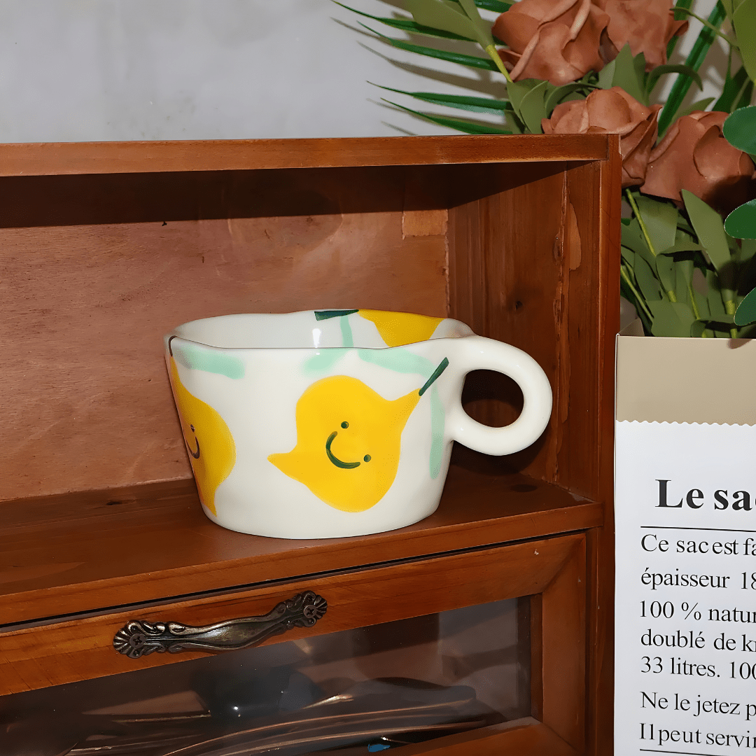 Hand-painted 280ml cartoon ceramic mugs in lemon, strawberry, and floral designs – fun and colorful tableware