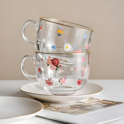 Elegant 470ml Glass Mug with Ceramic Saucer