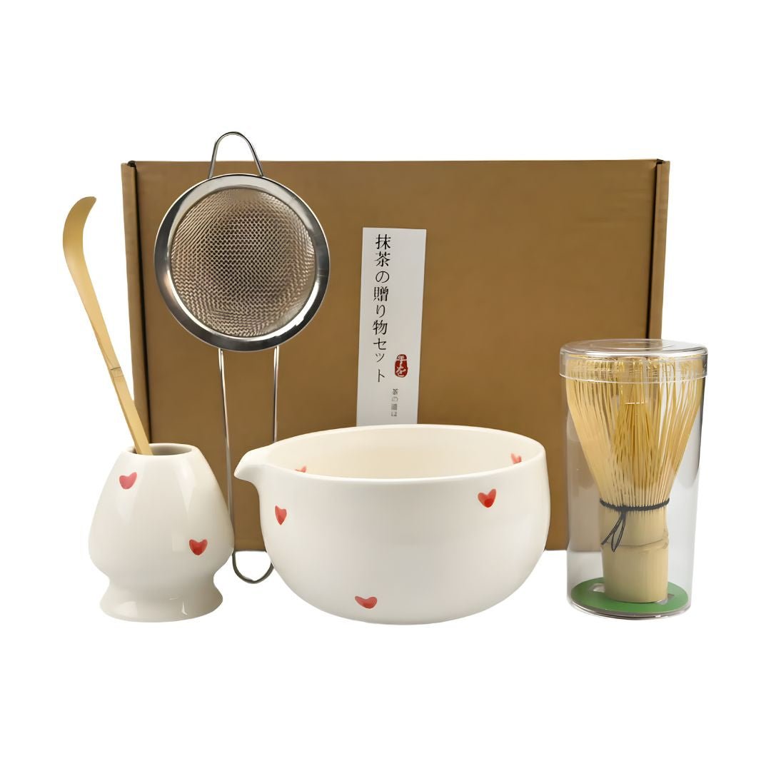 Matcha tea set with heart design 5 pieces 500ml bowl bamboo whisk strainer scoop gift box