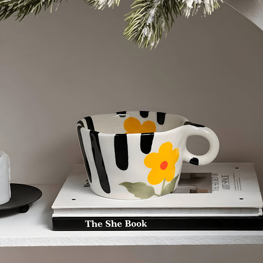 Hand-painted 280ml cartoon ceramic mugs in lemon, strawberry, and floral designs – fun and colorful tableware