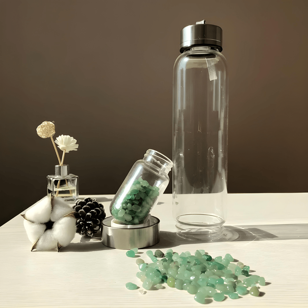 Crystal elixir glass water bottle with stainless steel lid and black protective neoprene case – 550ml