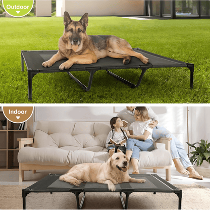 XL elevated dog bed with Teslin mesh and stainless steel frame, size 125×80×25cm, breathable, anti-slip, easy to clean, for indoor and outdoor use.

