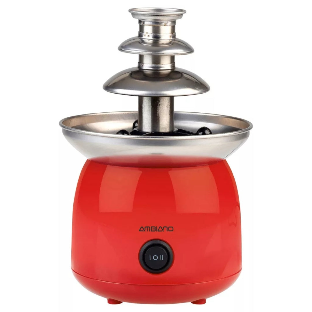 AMBIANO 3-tier chocolate fountain with stainless steel tower, collection bowl and red base