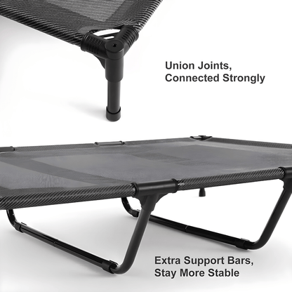 XL elevated dog bed with Teslin mesh and stainless steel frame, size 125×80×25cm, breathable, anti-slip, easy to clean, for indoor and outdoor use.

