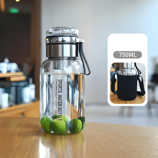 750ml borosilicate glass water bottle with tea and fruit infuser, stainless steel filter, neoprene carrying sleeve – ideal for Beirut lifestyle