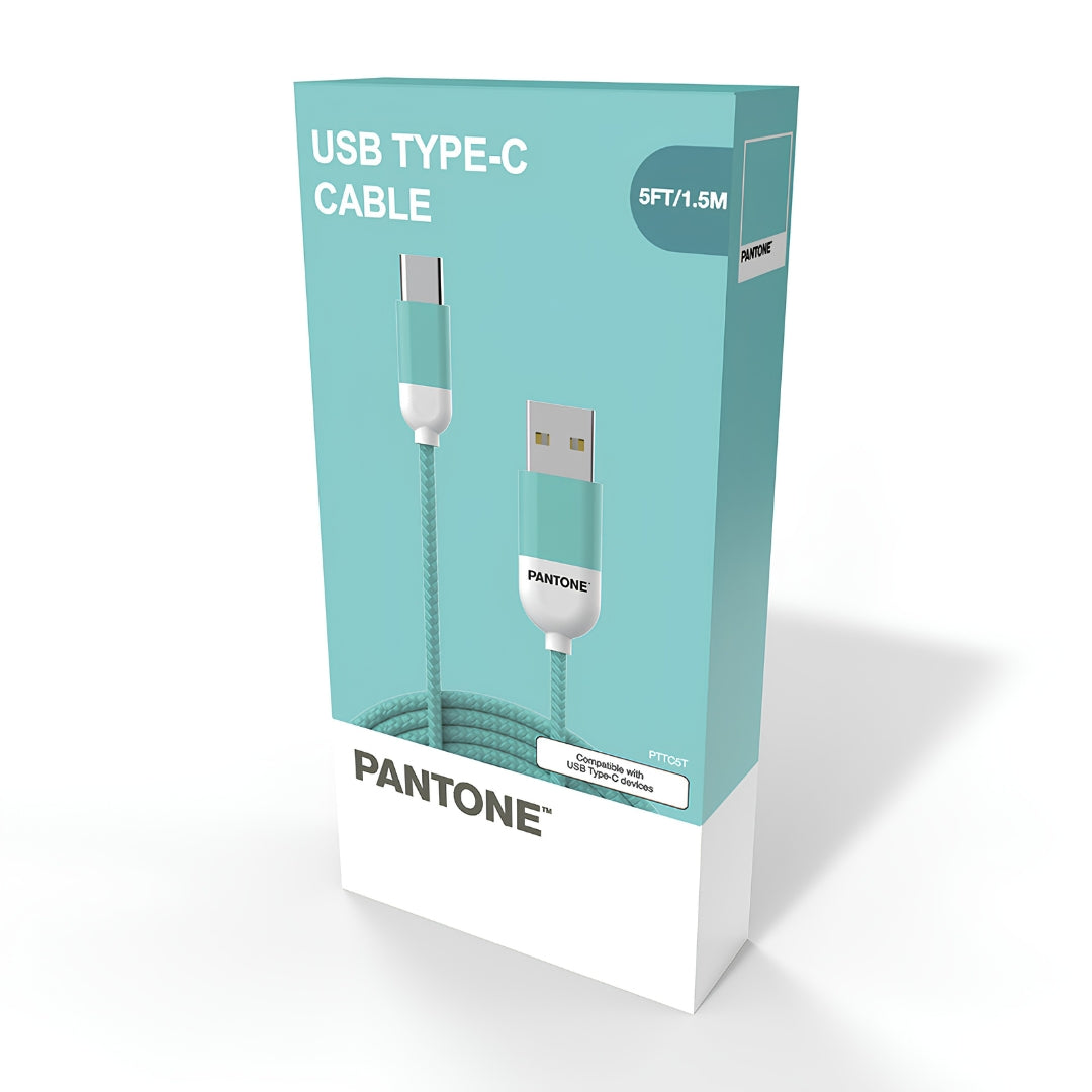 PANTONE green USB-A to USB-C charging and sync cable, 1.5m, shown in its retail packaging