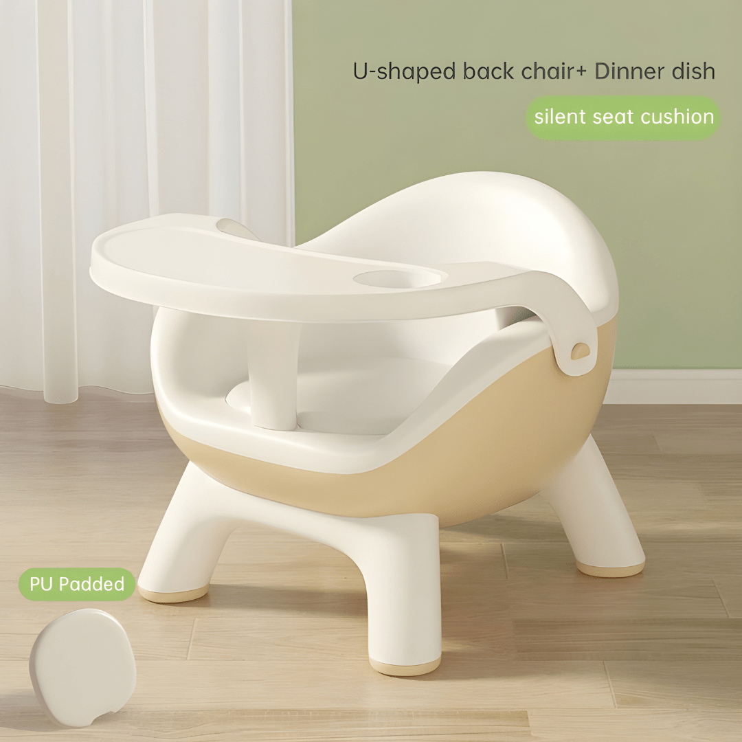 Modern multifunction toddler dining chair in white HDPE with ergonomic design, PU cushion, and tray – ideal for Lebanese families and nurseries.