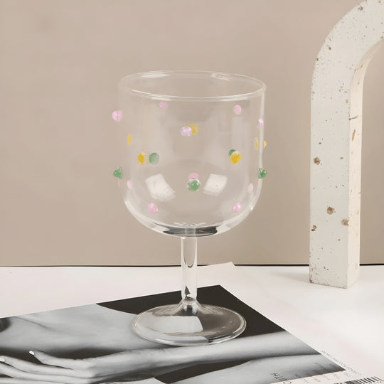 Handmade blown glass goblet with colorful polka dots – 300ml artistic drinkware

