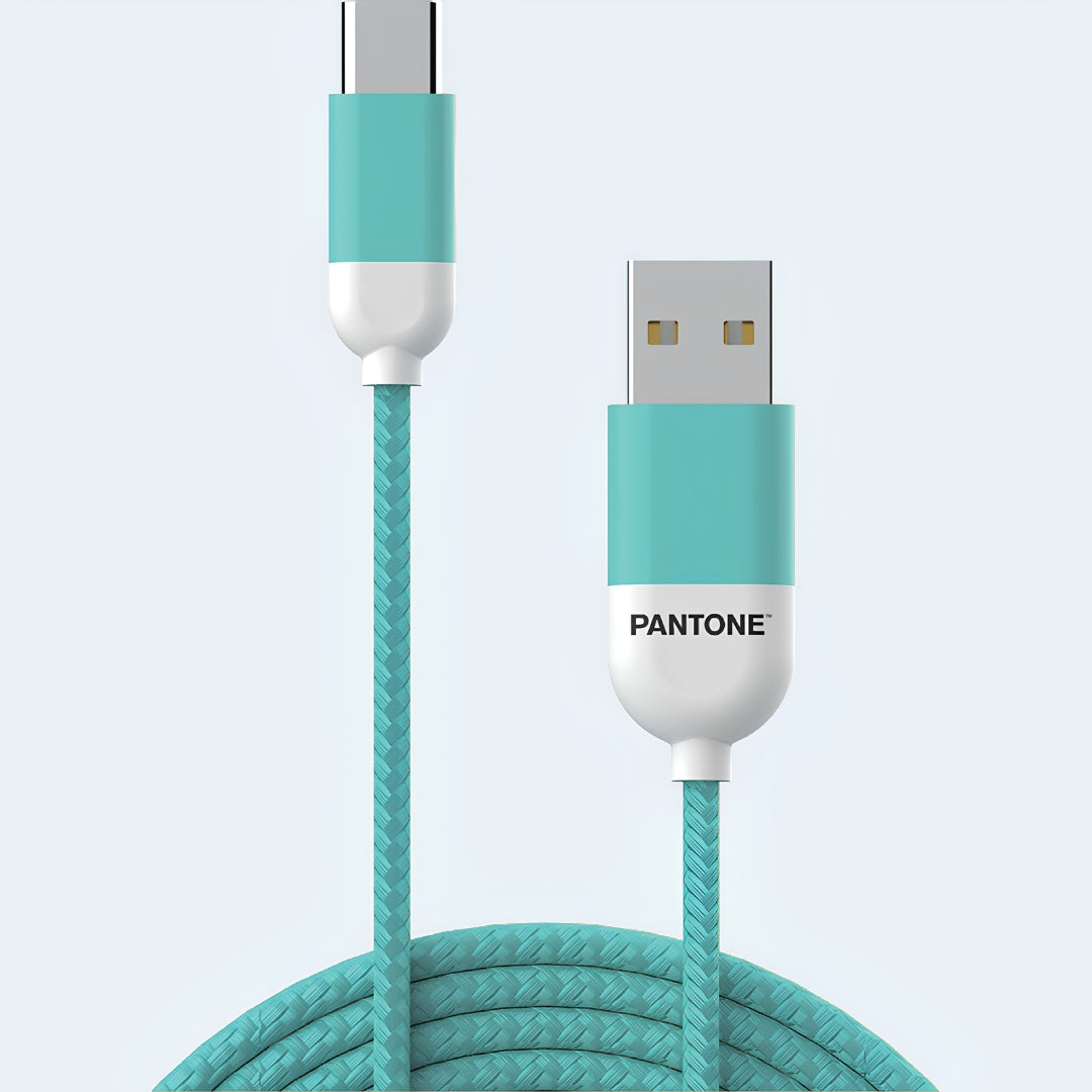 PANTONE green USB-A to USB-C charging and sync cable, 1.5m, shown in its retail packaging