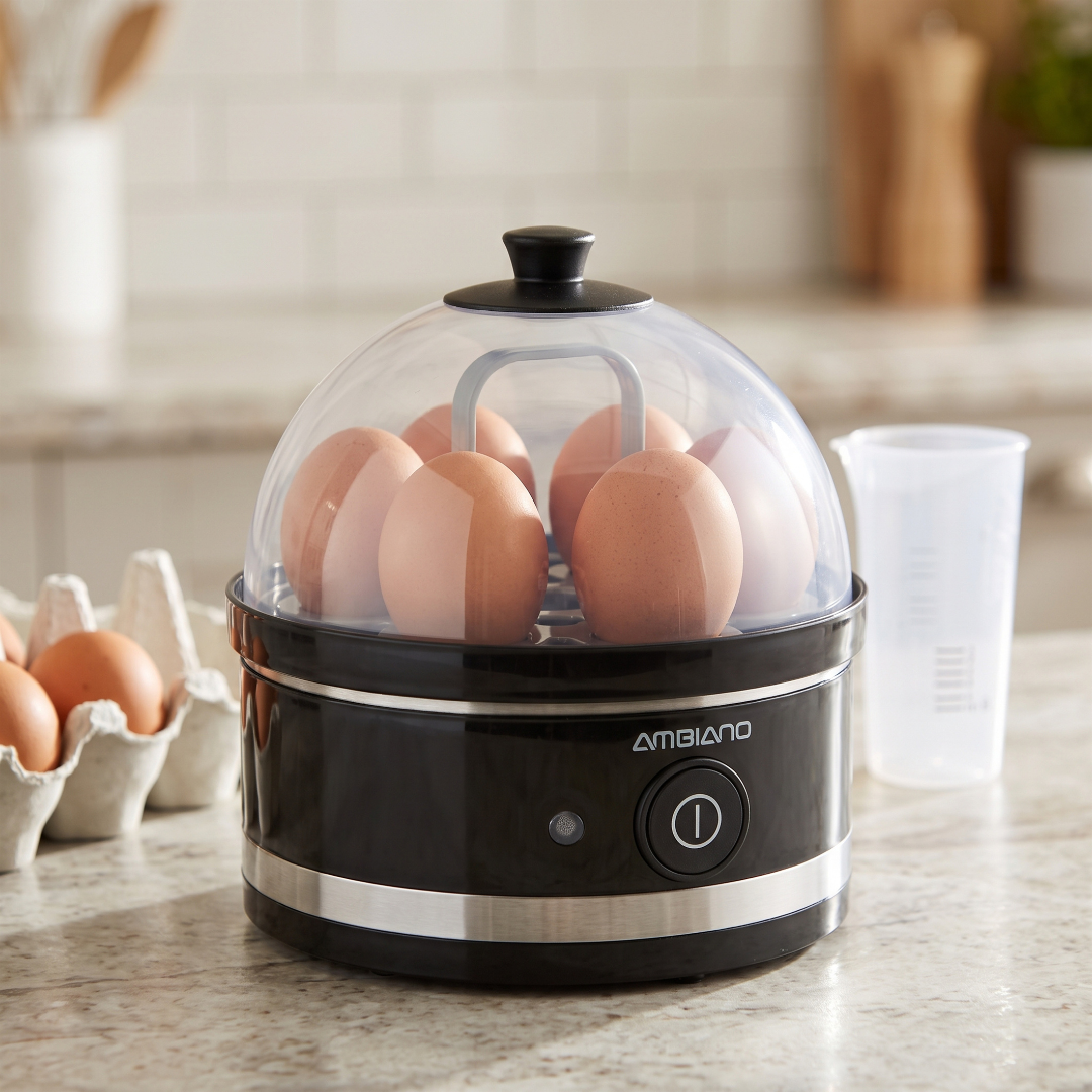 AMBIANO retro electric egg cooker with transparent dome lid and removable 7-egg rack