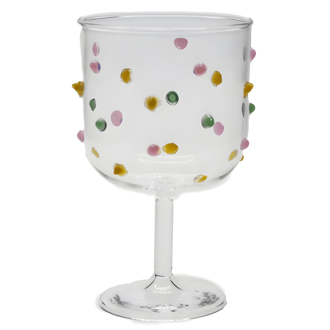 Handmade blown glass goblet with colorful polka dots – 300ml artistic drinkware

