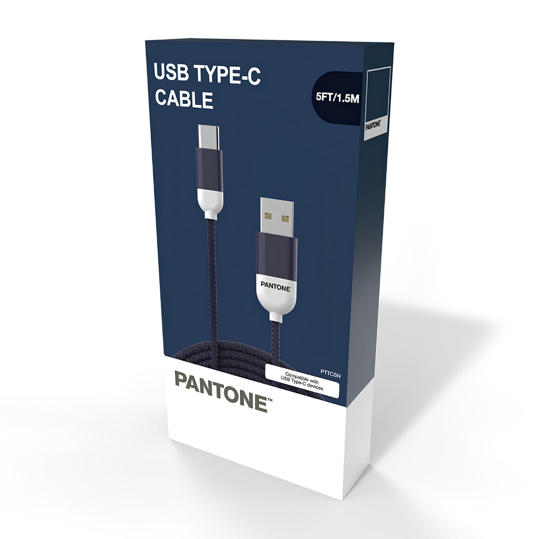 PANTONE Navy blue USB-A to USB-C charging and sync cable, 1.5m, shown in its retail packaging