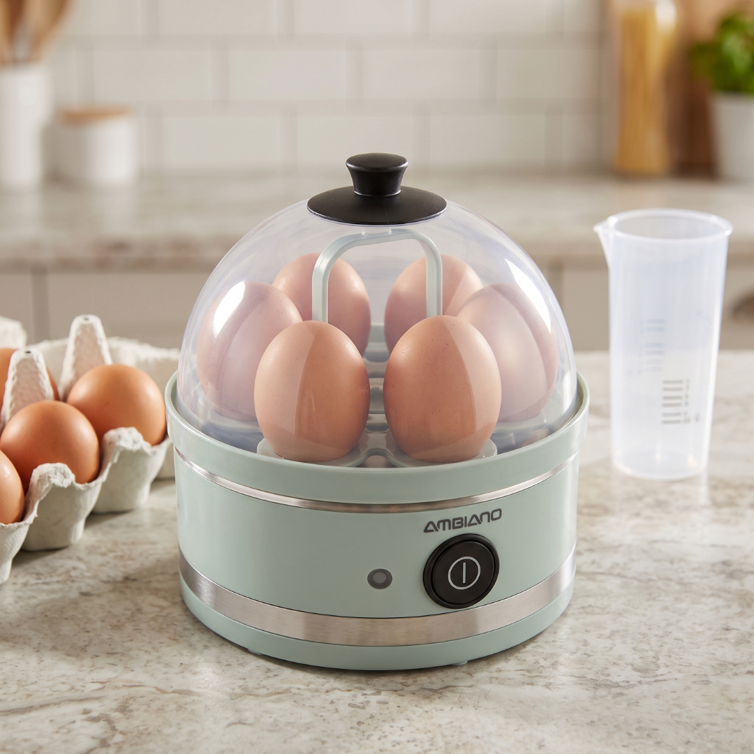 AMBIANO retro electric egg cooker with transparent dome lid and removable 7-egg rack