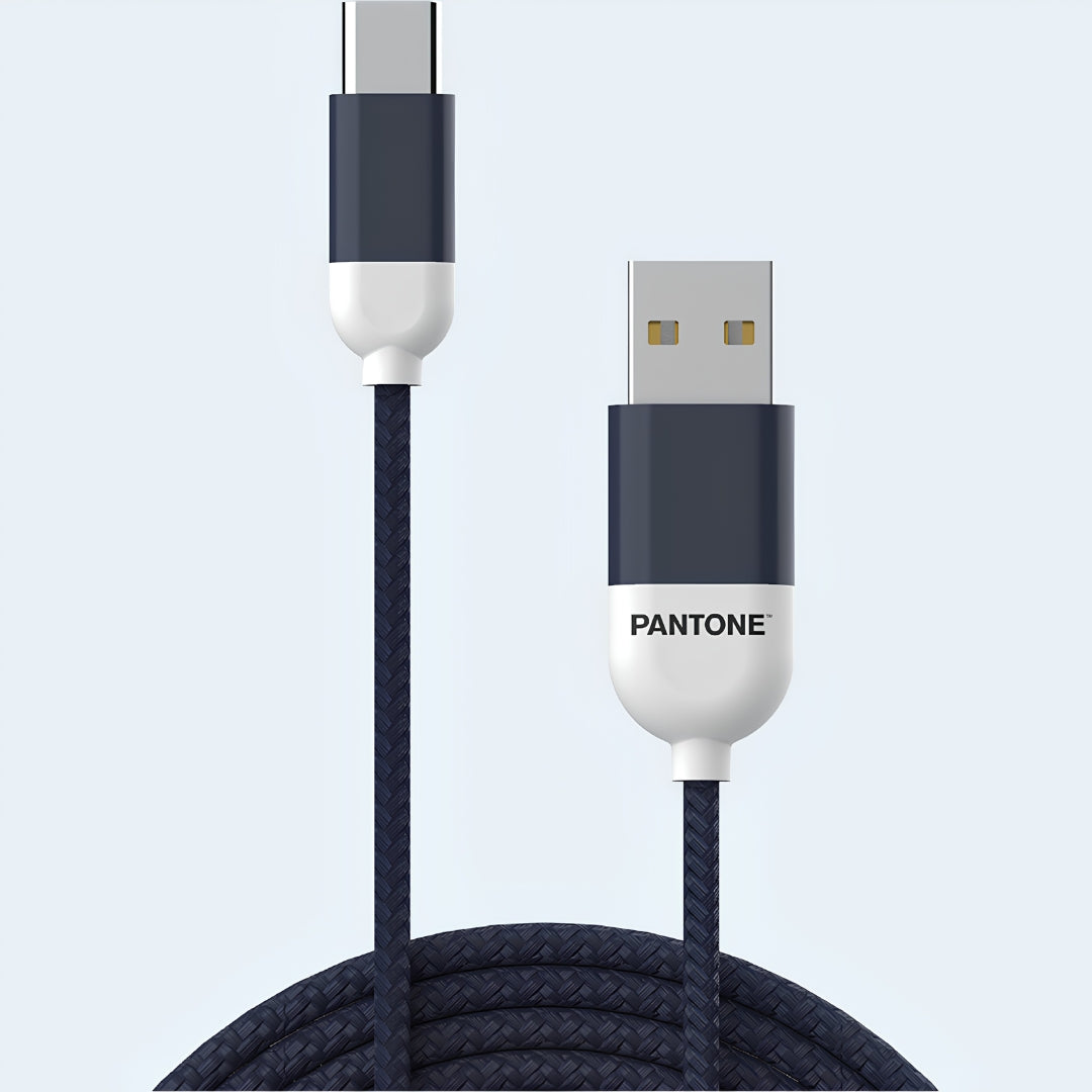 PANTONE Navy blue USB-A to USB-C charging and sync cable, 1.5m, shown in its retail packaging