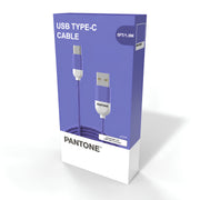 PANTONE purple USB-A to USB-C charging and sync cable, 1.5m, shown in its retail packaging