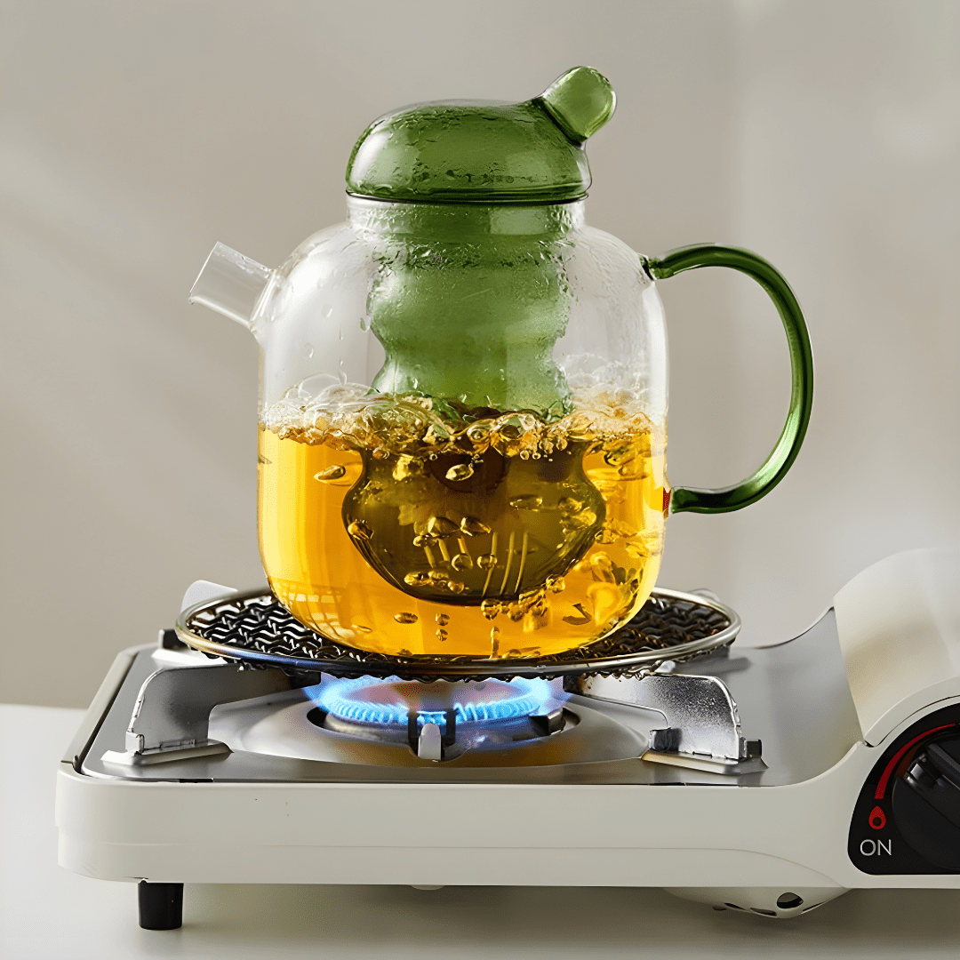 Elegant 1000ml glass teapot with removable infuser, available in green or bronze – heat-resistant teaware for blooming and loose teas in Beirut Lebanon