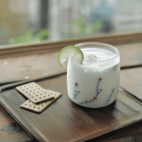 300ml heat-resistant borosilicate glass cups with elegant floral and botanical patterns — perfect for serving coffee, tea, juice, or desserts in Beirut homes and cafés.