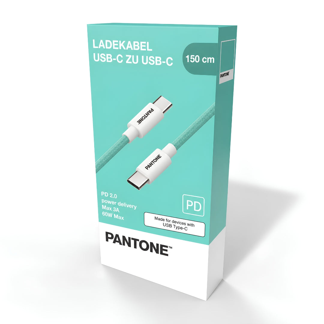 PANTONE mint green USB-C to USB-C PD 60W charging cable, 1.5m, in retail packaging