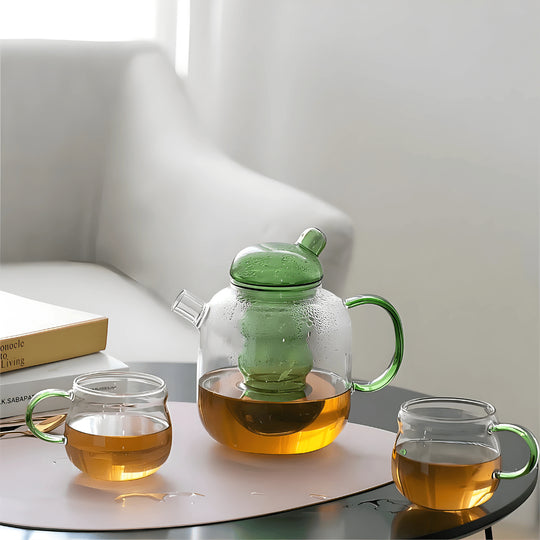Elegant 1000ml glass teapot with removable infuser, available in green or bronze – heat-resistant teaware for blooming and loose teas in Beirut Lebanon