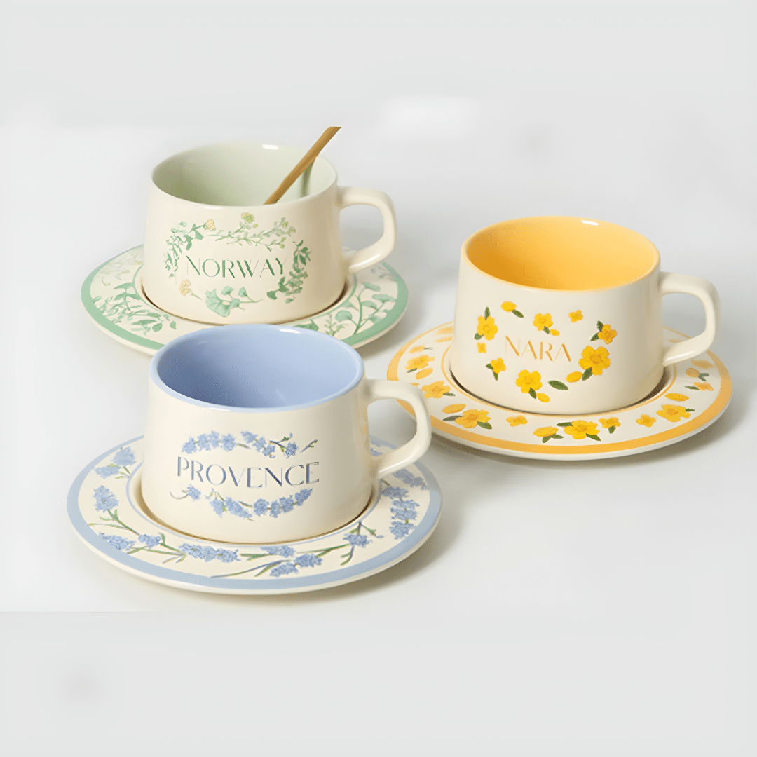 230ml porcelain tea cup with saucer featuring floral artwork and smooth finish – elegant European-style drinkware