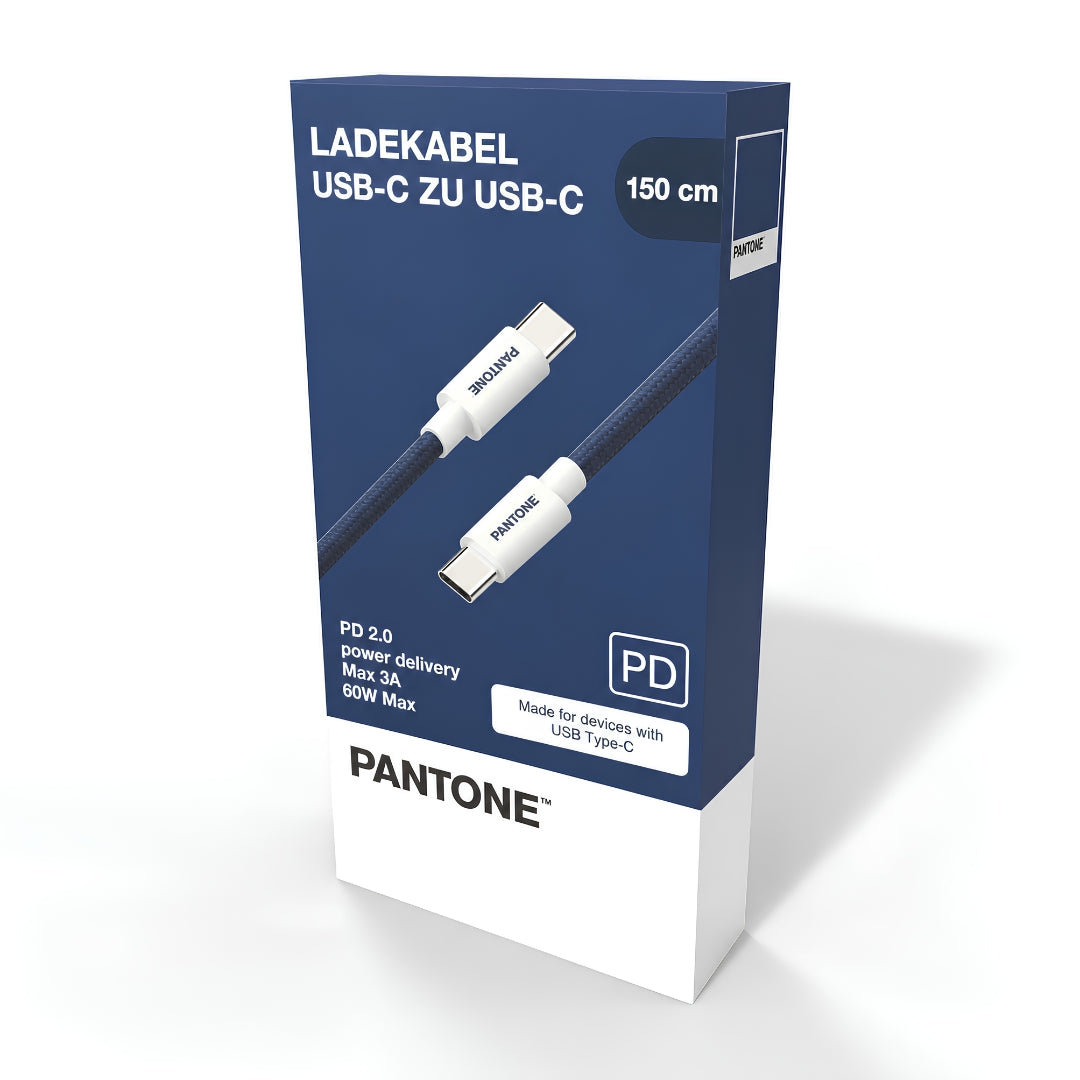 PANTONE navy blue USB-C to USB-C PD 60W charging cable, 1.5m, in retail packaging