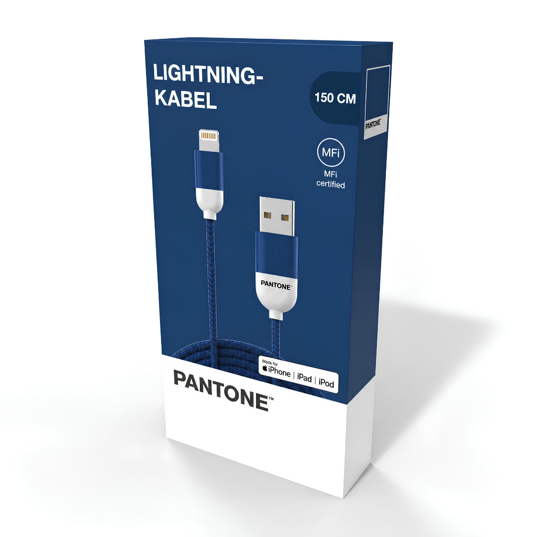 PANTONE navy blue USB-A to Lightning cable, MFi certified, 1.5m, shown in retail packaging