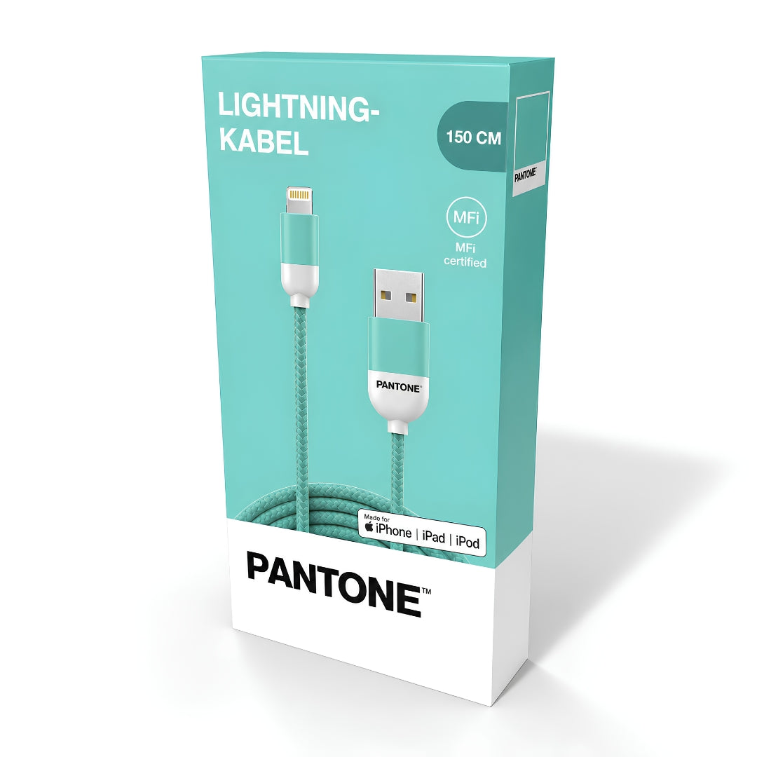 PANTONE mint green USB-A to Lightning cable, MFi certified, 1.5m, shown in retail packaging