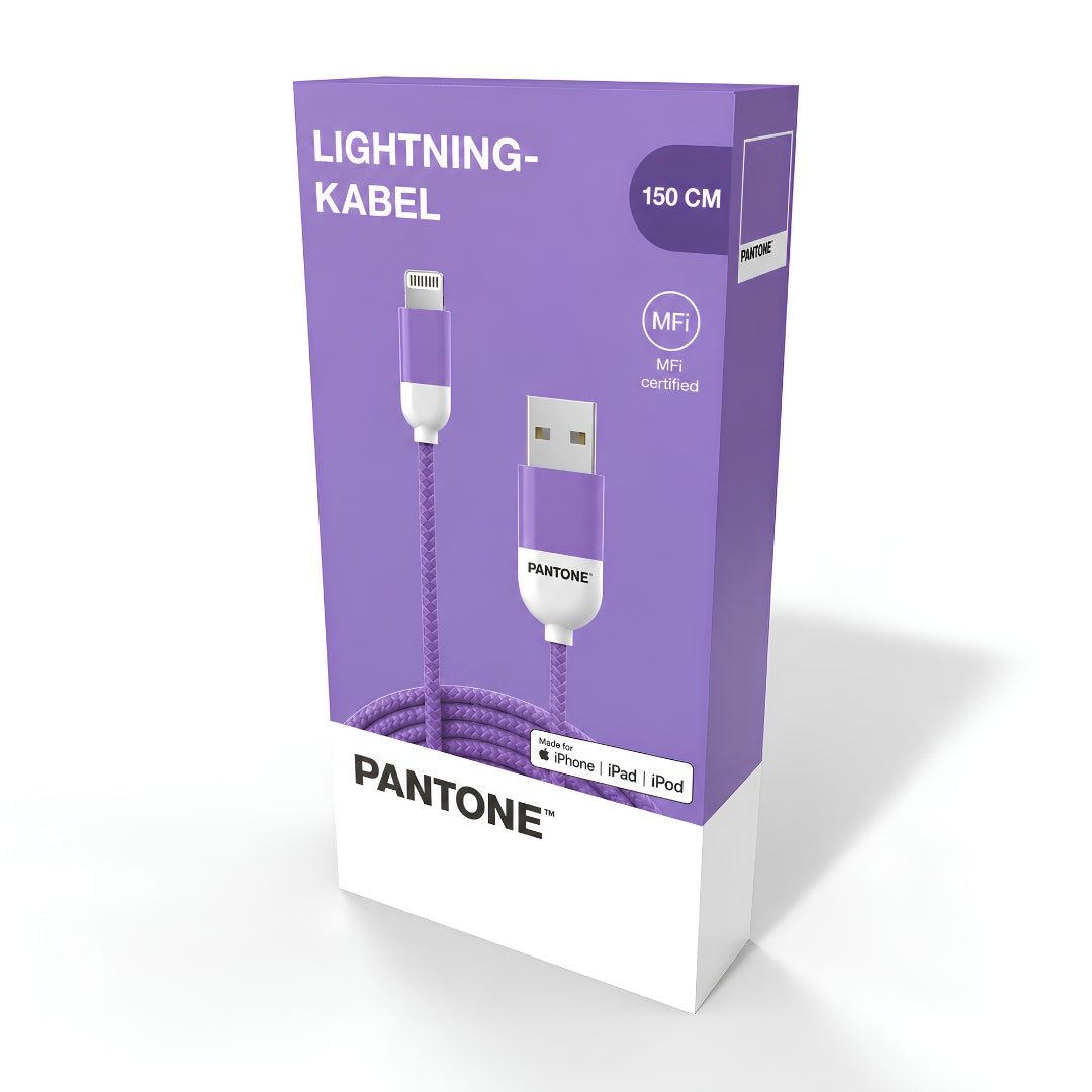 PANTONE purple USB-A to Lightning cable, MFi certified, 1.5m, shown in retail packaging