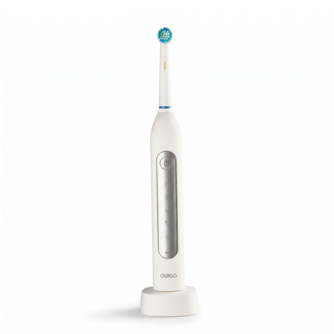 QUIGG GT-TBO-05 rechargeable electric toothbrush packaging showing five cleaning modes and a pressure indicator
