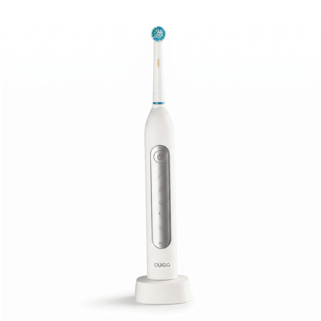QUIGG GT-TBO-05 rechargeable electric toothbrush packaging showing five cleaning modes and a pressure indicator
