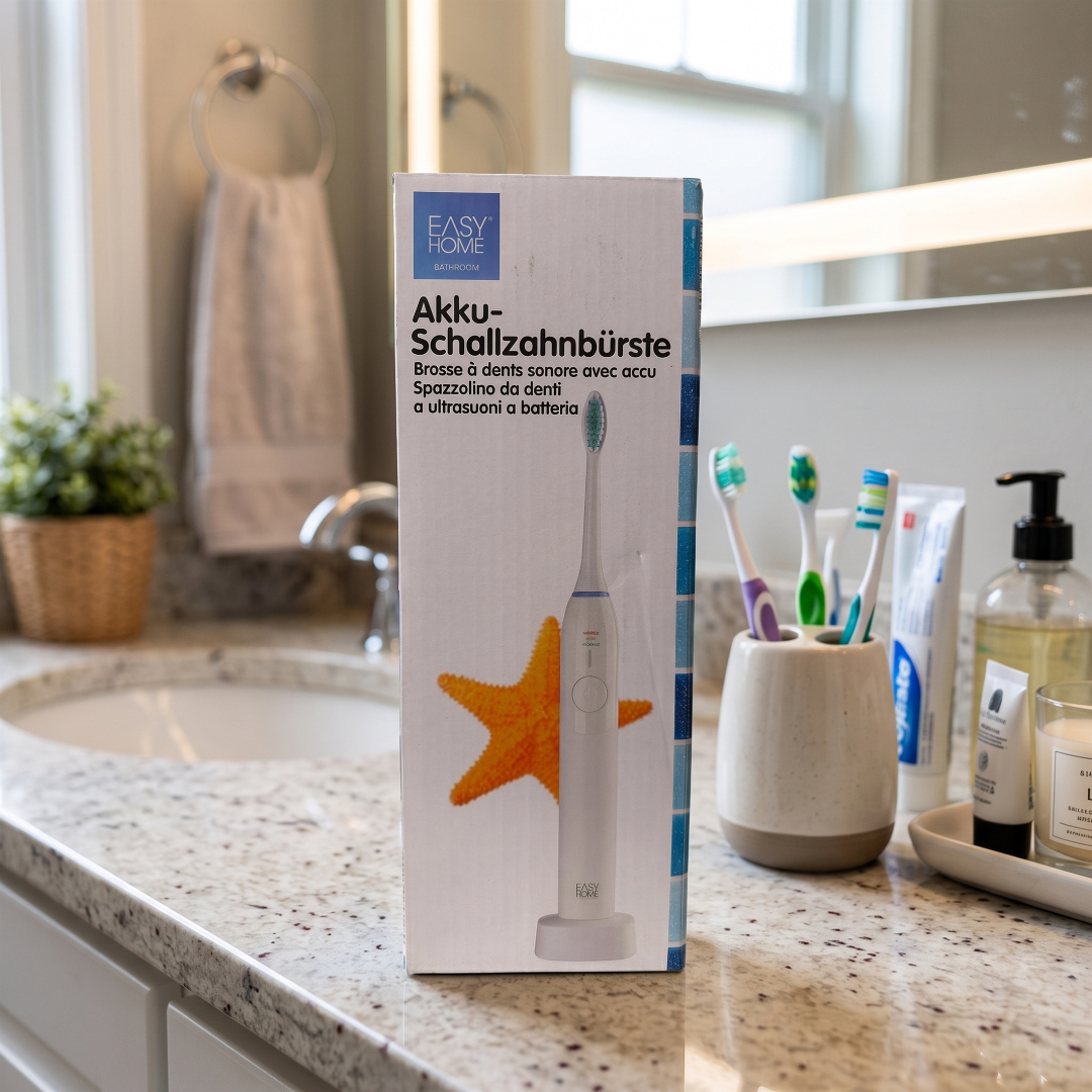 Easy Home rechargeable sonic electric toothbrush packaging showing three cleaning modes and charging specifications