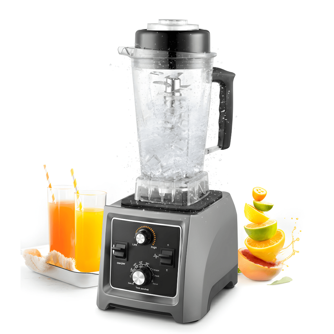 Professional silver commercial blender with 3.5L jar, showing the 1800W motor base and stainless steel 8-leaf blade system for ice crushing and smoothie making.
