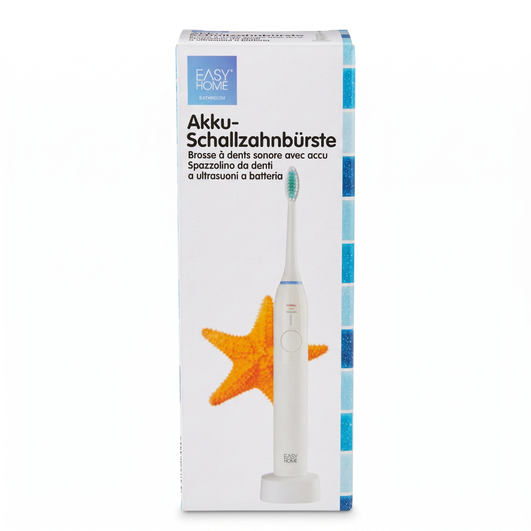Easy Home rechargeable sonic electric toothbrush packaging showing three cleaning modes and charging specifications