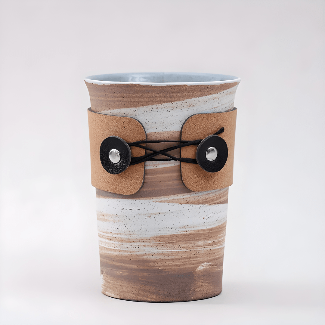 Handmade 350ml retro ceramic mug with leather sleeve, perfect for matcha or coffee, Japanese-style design