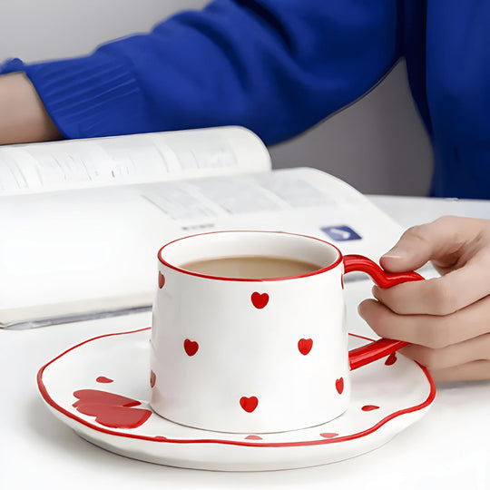 300ml ceramic heart mug with matching saucer plate – perfect for coffee, tea, or desserts in Beirut
