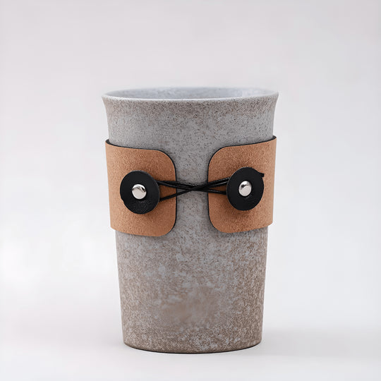 Handmade 350ml retro ceramic mug with leather sleeve, perfect for matcha or coffee, Japanese-style design