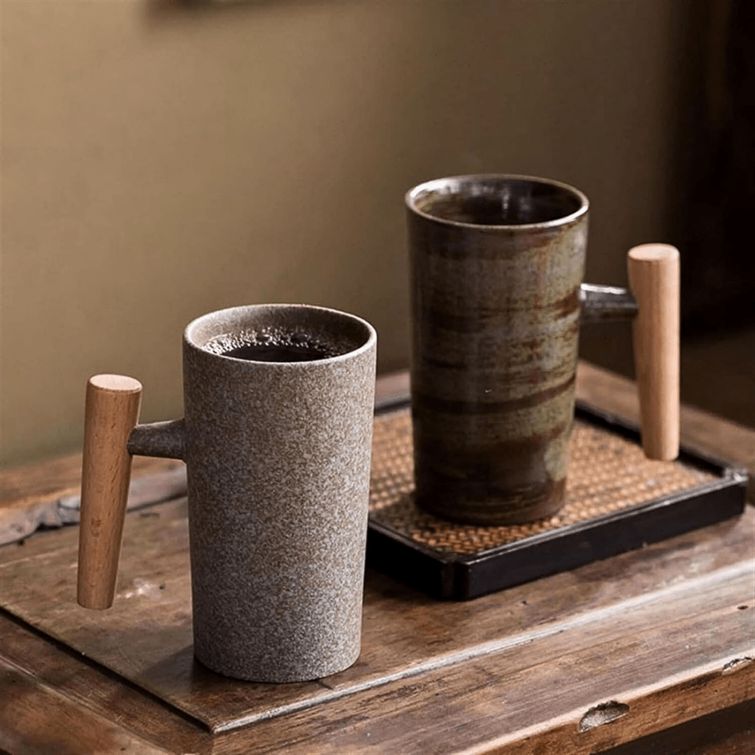 Nordic ceramic mug with wooden handle in Japanese style – 180ml handcrafted design