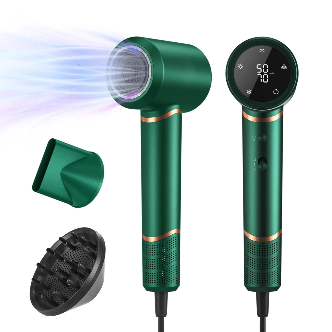Green GL-92122 ionic hair dryer with copper accents, diffuser and magnetic nozzle.