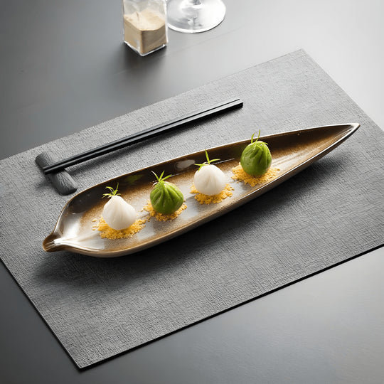 Leaf-shaped 14-inch ceramic plate for sushi, snacks, and desserts – heat-safe and elegant serving dish ideal for Beirut kitchens and restaurants
